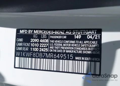 2021 Mercedes-Benz C 300 Sedan из США, поврежденный, VIN W1KWF8DB7MR649515